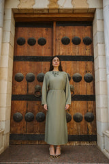 Plisse dress in olive