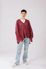 Aura knit top in maroon.