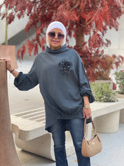 Dark Grey turtle neck top with flower