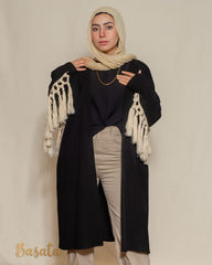 Short Ribbed Wool Cardigan with Trendy Cotton Tassels