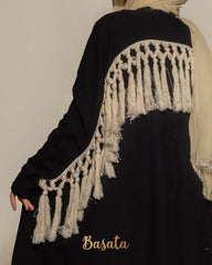 Short Ribbed Wool Cardigan with Trendy Cotton Tassels