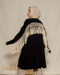 Short Ribbed Wool Cardigan with Trendy Cotton Tassels