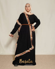 Trendy Velvet Dress with Tassel Sleeves and Embroidered Scarf