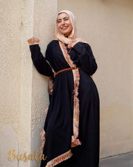 Trendy Velvet Dress with Tassel Sleeves and Embroidered Scarf