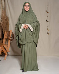 Olive Cotton Viscose Khimar and Skirt Set