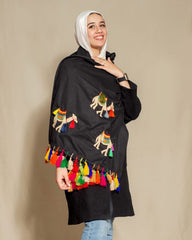 Camel Embroidered Wool Shawl handmade black