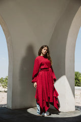 Asymmetrical dress in maroon
