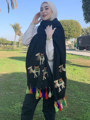 Camel Embroidered Wool Shawl handmade black