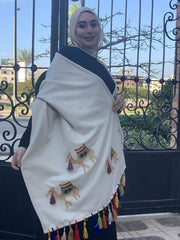 Camel Embroidered Wool Shawl handmade beige