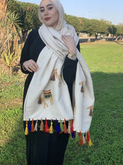 Camel Embroidered Wool Shawl handmade beige