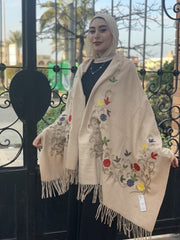 Beige Embroidered English Wool Shawl