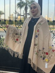 Beige Embroidered English Wool Shawl