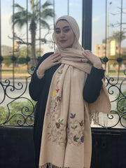 Beige Embroidered English Wool Shawl