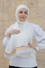 Off-white soft cotton scarf with colorful trim