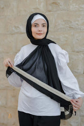 Black soft cotton scarf with beige cotton burlap trim