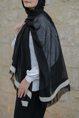 Black soft cotton scarf with beige cotton burlap trim