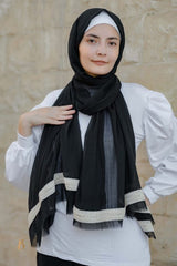 Black soft cotton scarf with beige cotton burlap trim