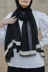 Black soft cotton scarf with beige cotton burlap trim