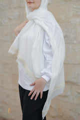 Off-white soft cotton scarf with beige burlap trim
