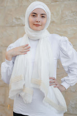 Off-white soft cotton scarf with beige burlap trim