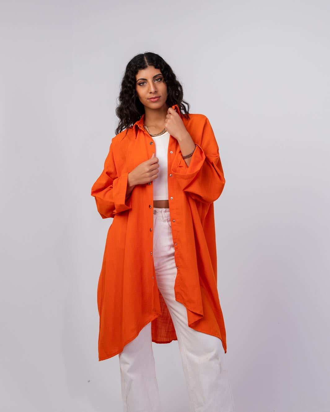 Miss Elegant Long Linen Shirt With Rivets