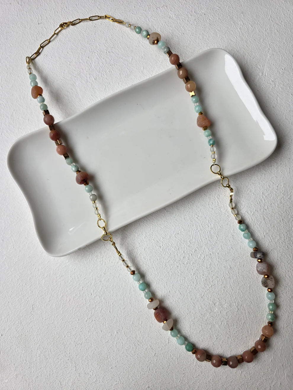 Amazonite & Sunstone Long Beaded Necklace