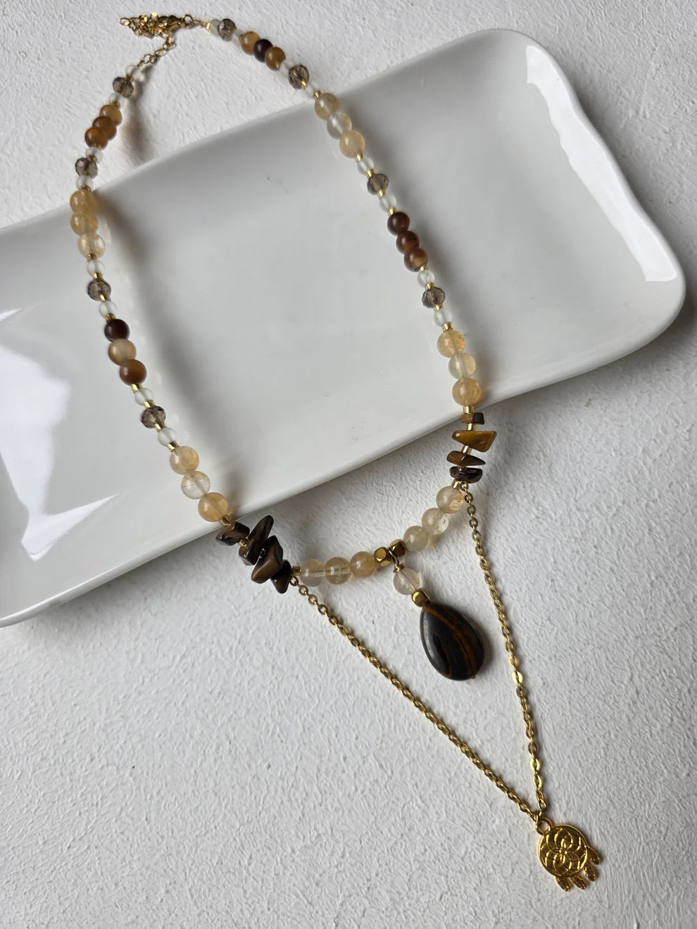 Citrine & Tiger Eye Hamsa Pendant Necklace