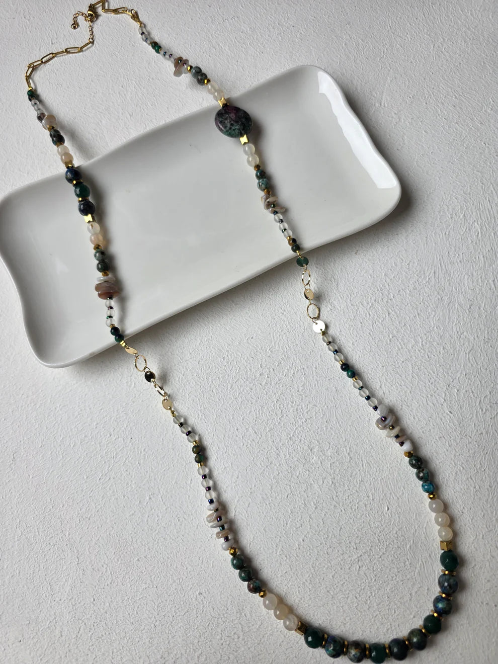 Moss Agate & Pearl Long Beaded Necklace