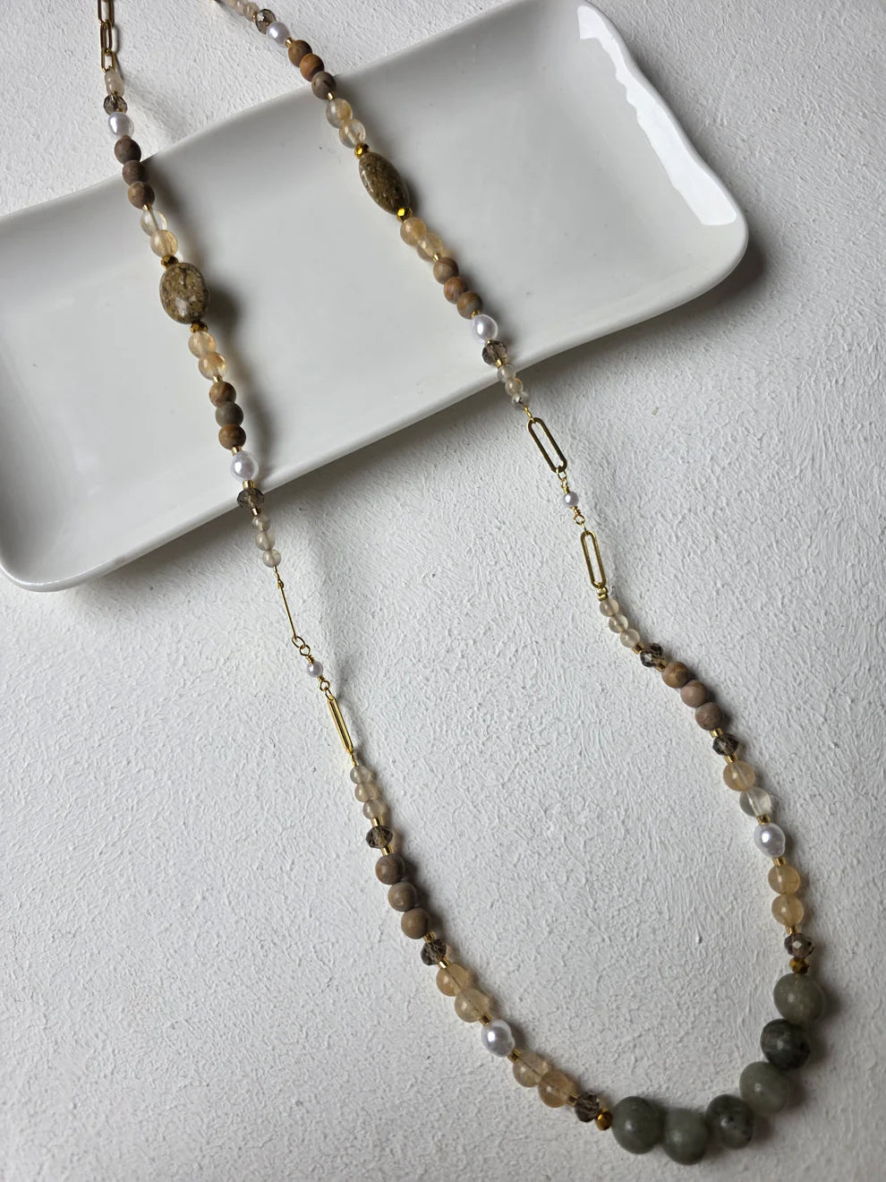 Labradorite & Pearl Long Beaded Necklace with Paperclip Chain