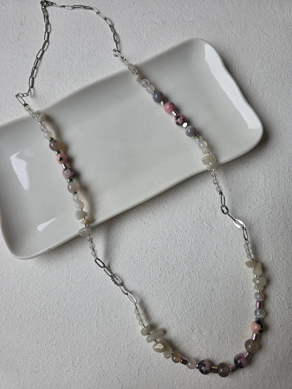 Moonstone & Rhodonite Long Beaded Necklace with Paperclip Chain