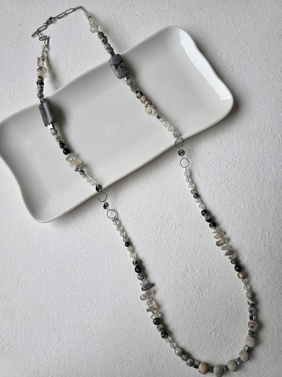 Labradorite & Black Onyx Long Beaded Necklace with Paperclip Chain