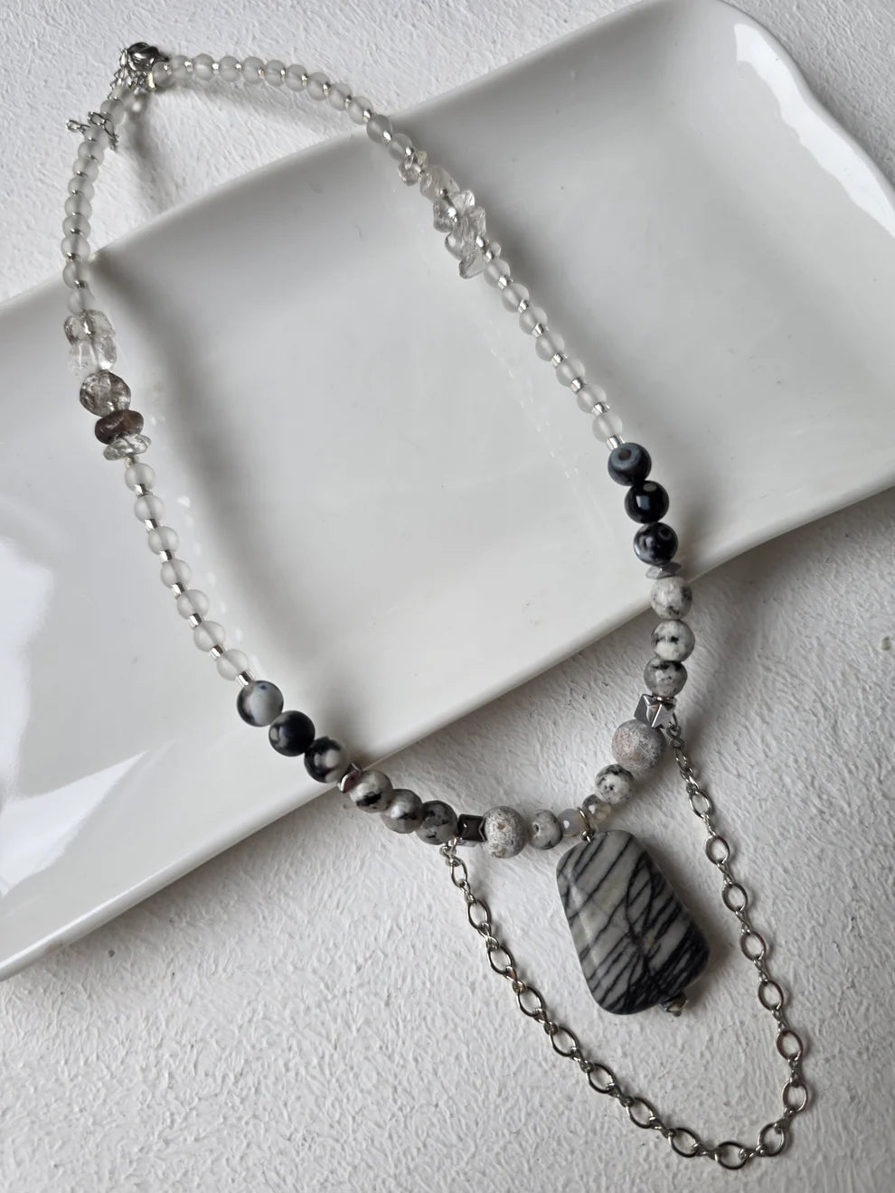 Zebra Jasper Pendant & Crystal Quartz Beaded Necklace