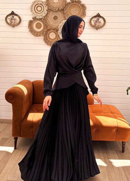 Pleated Satin Skirt C411 Black