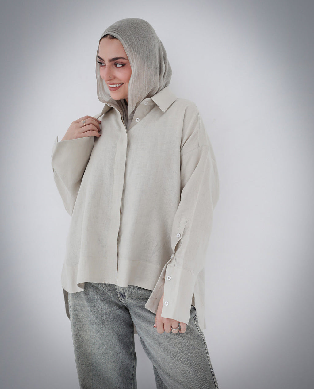 High-Low Linen Shirt- Beige