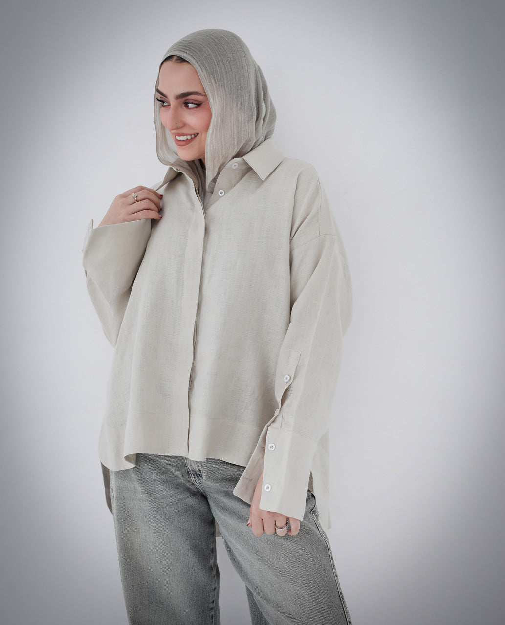 High-Low Linen Shirt- Beige