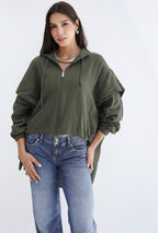 High-low Zipper Shirt  - Olive