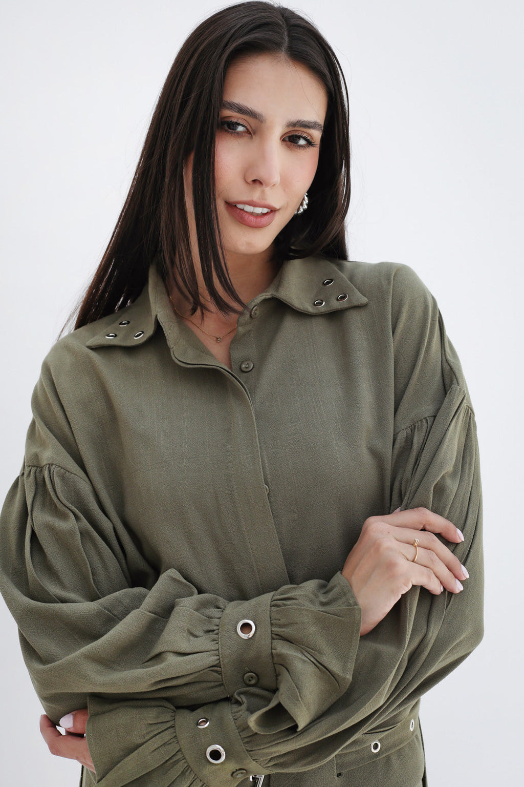 Eyelets Linen Set - Olive