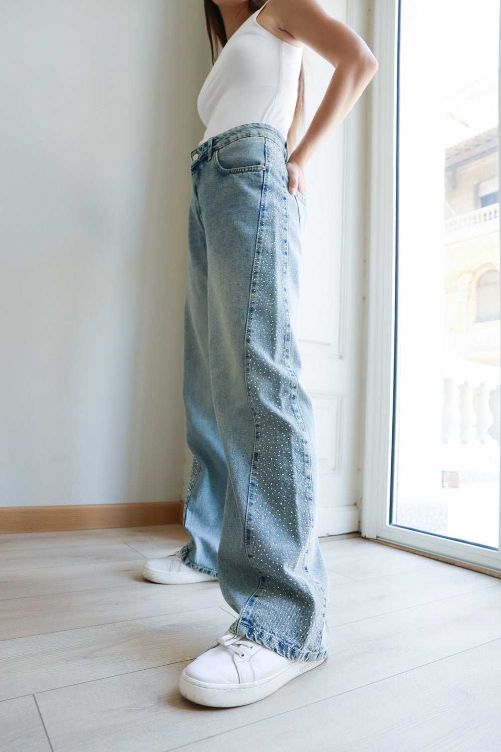 Rhinestones Straight Denim - Blue