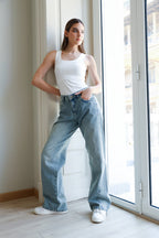 Rhinestones Straight Denim - Blue