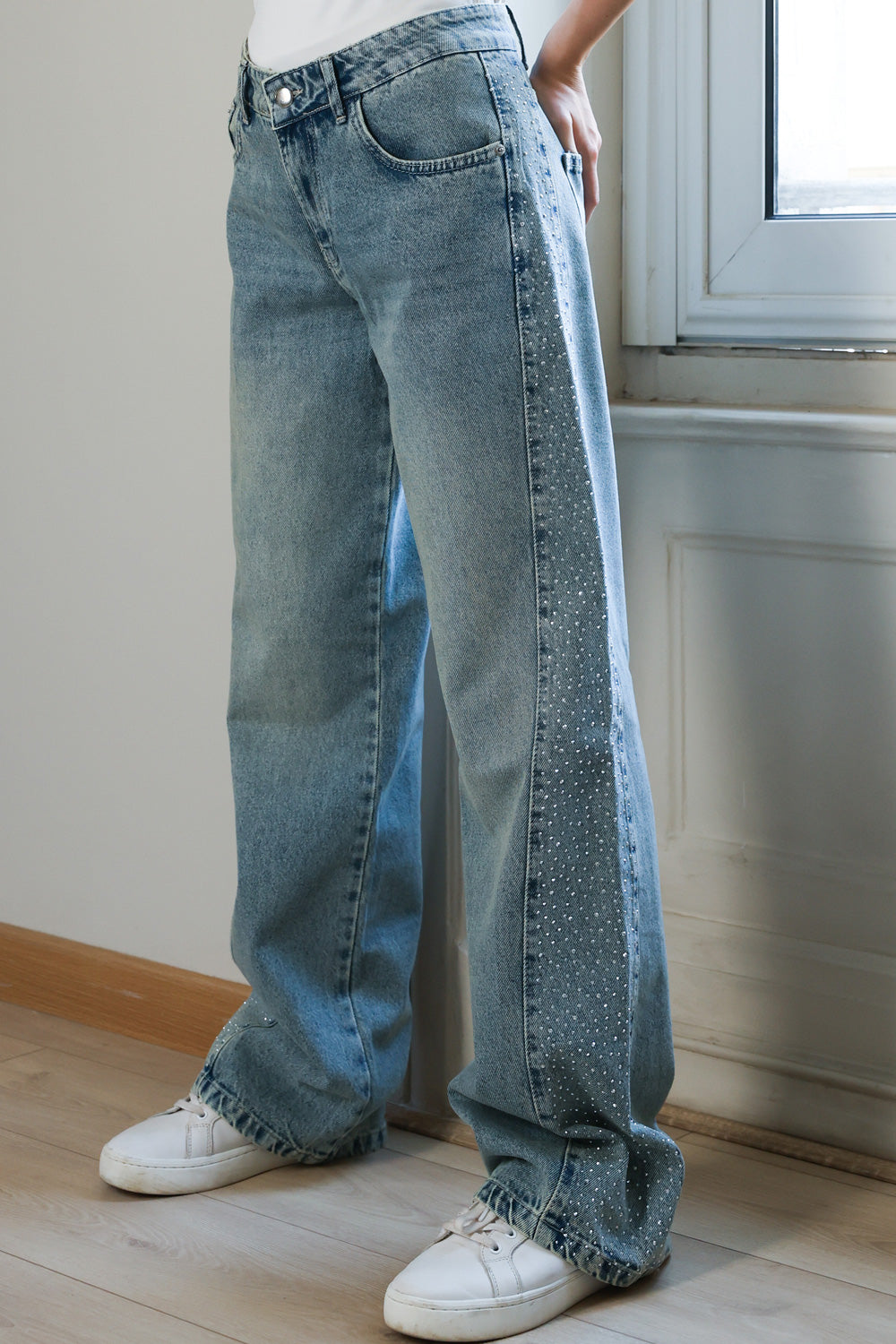 Rhinestones Straight Denim - Blue