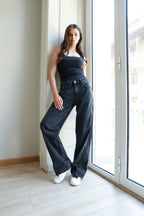 Rhinestones Straight Denim - Grey