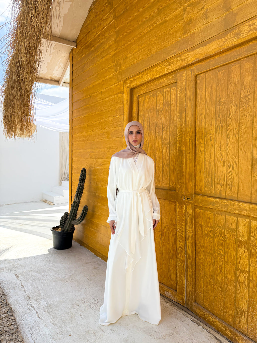 White Drapped Front Abaya C32