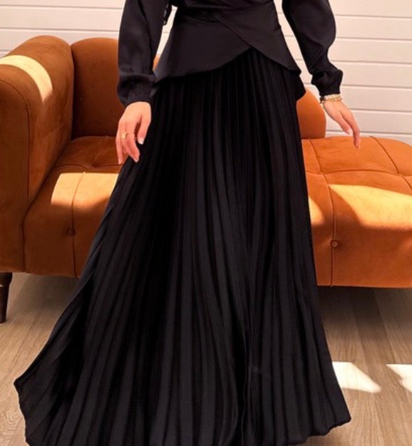 Pleated Satin Skirt C411 Black