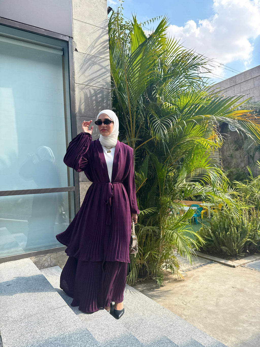 Double Layered Pleated Kaftan/Abaya in Purple