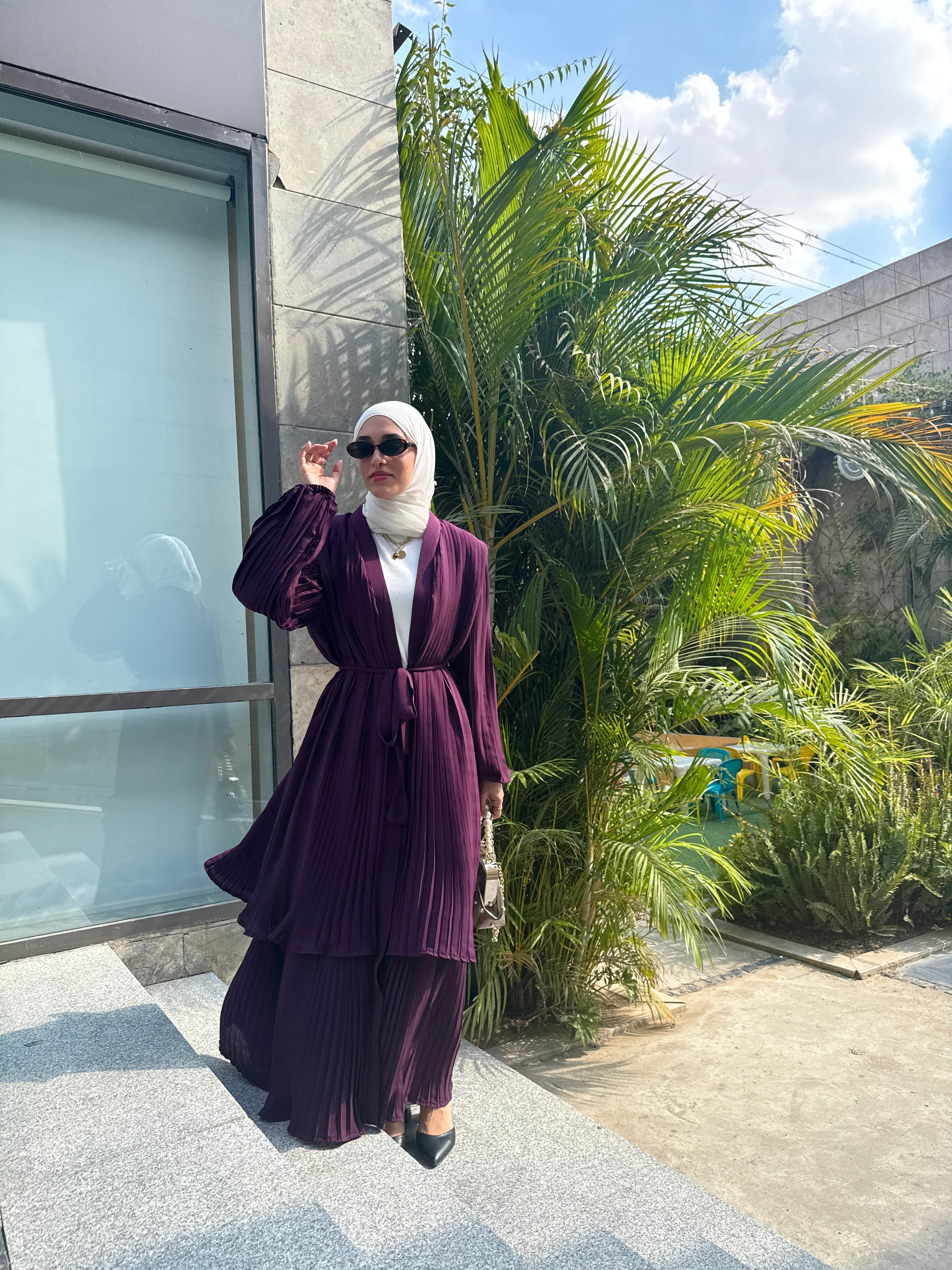 Double Layered Pleated Kaftan/Abaya in Purple