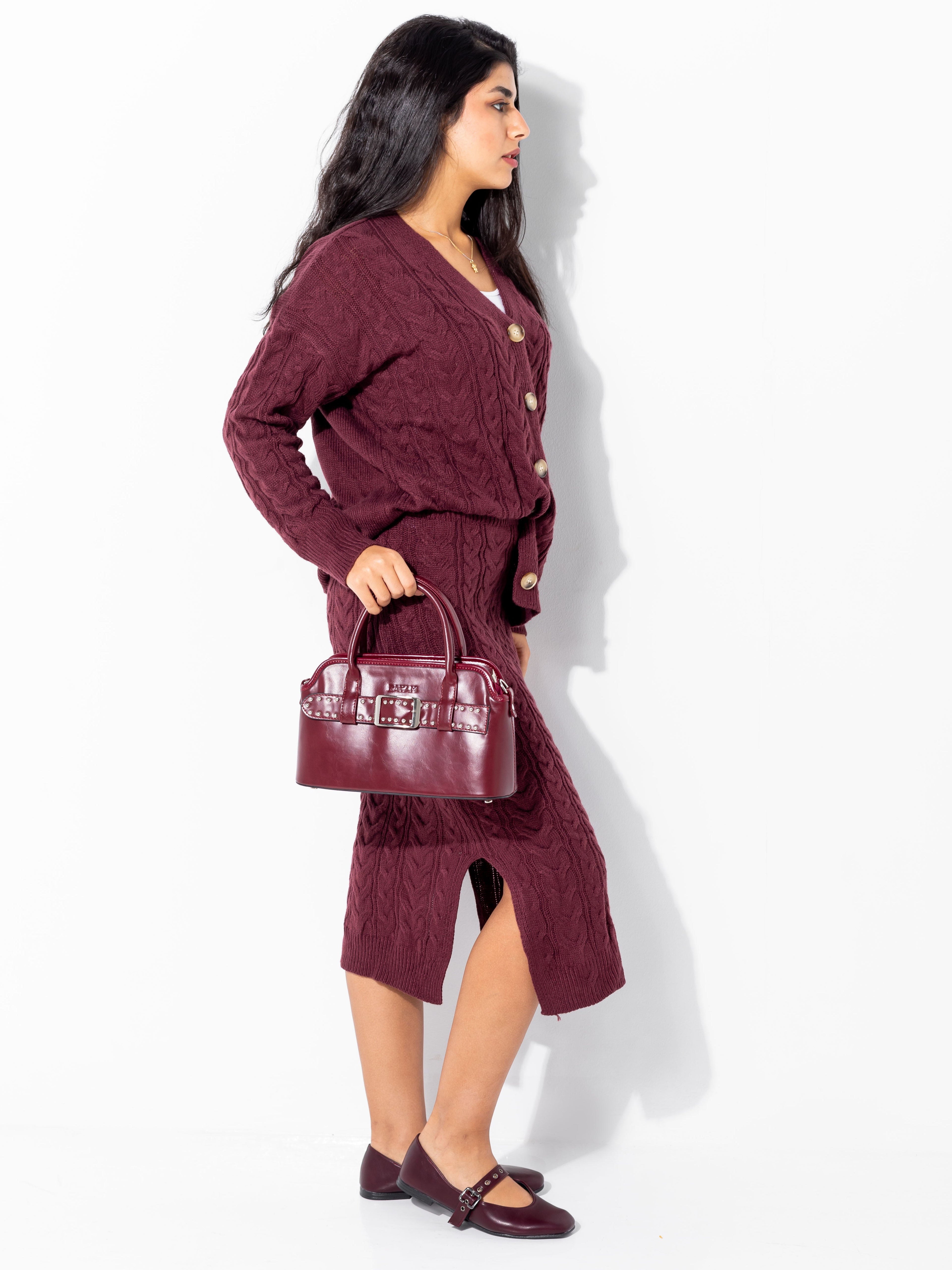 Burgundy Studded Buckle Bag