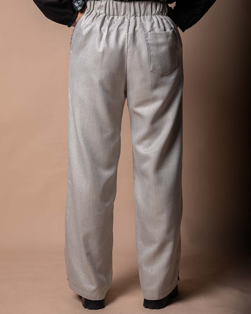 Silver Shimmery Gabardine Pants With Side Slit