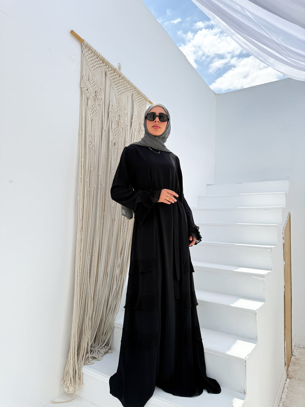 Abaya with soft ruffle sleeves and side details Code 503