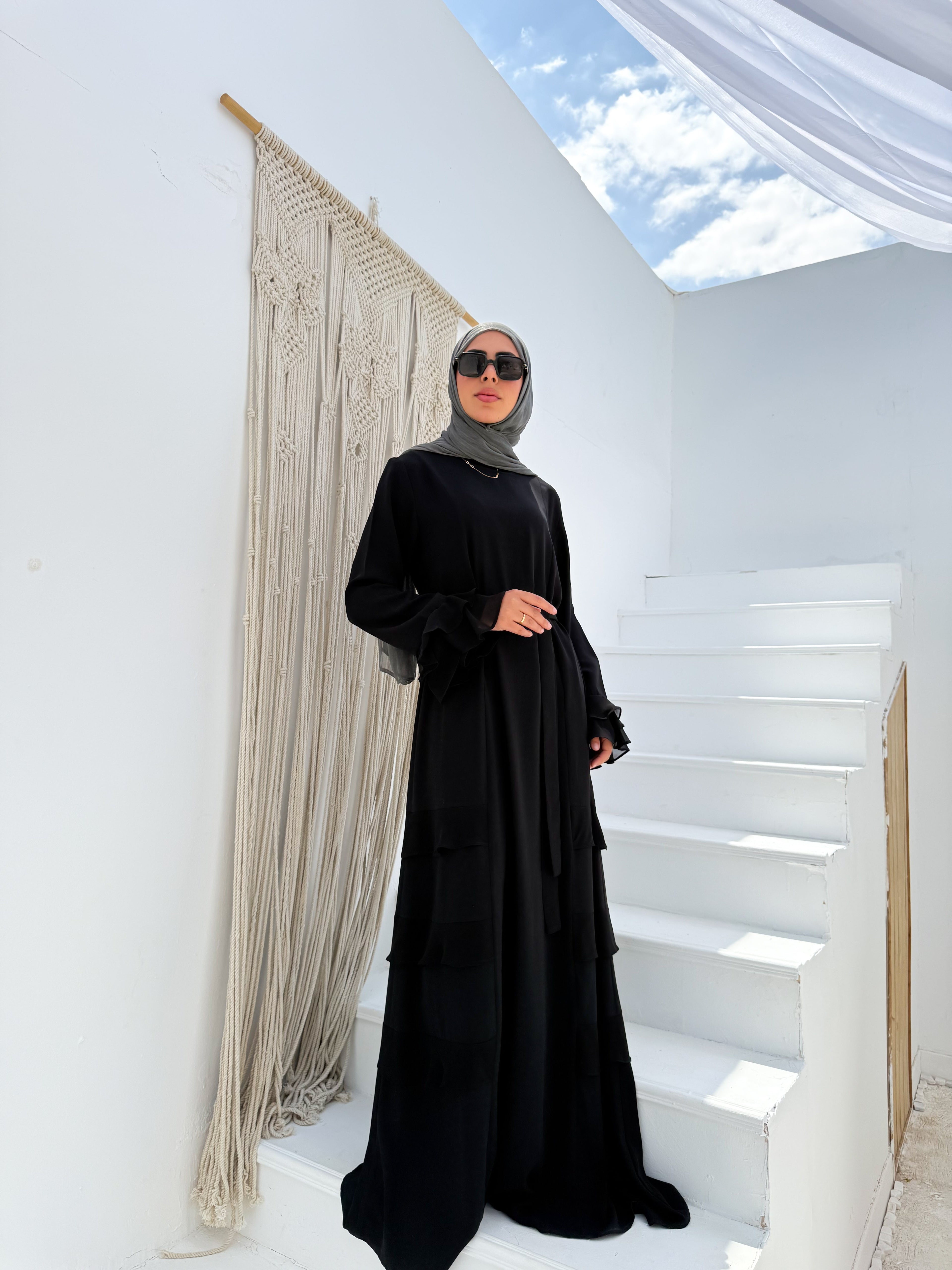 Abaya with soft ruffle sleeves and side details Code 503