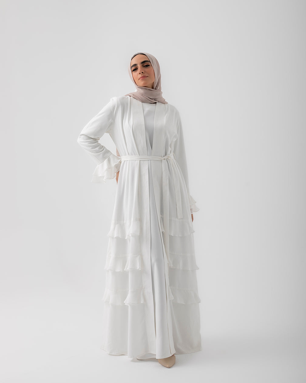 Open Ruffles Abaya Offwhite 98